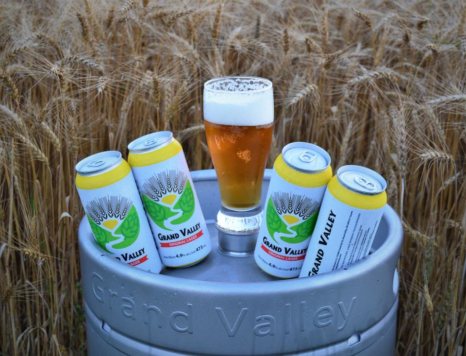 Beer sitting on table with in a field of wheat