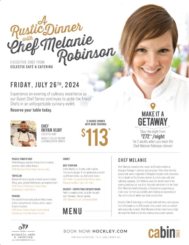 Add for dinner with Melanie Robinson at Hockley Valley Resort