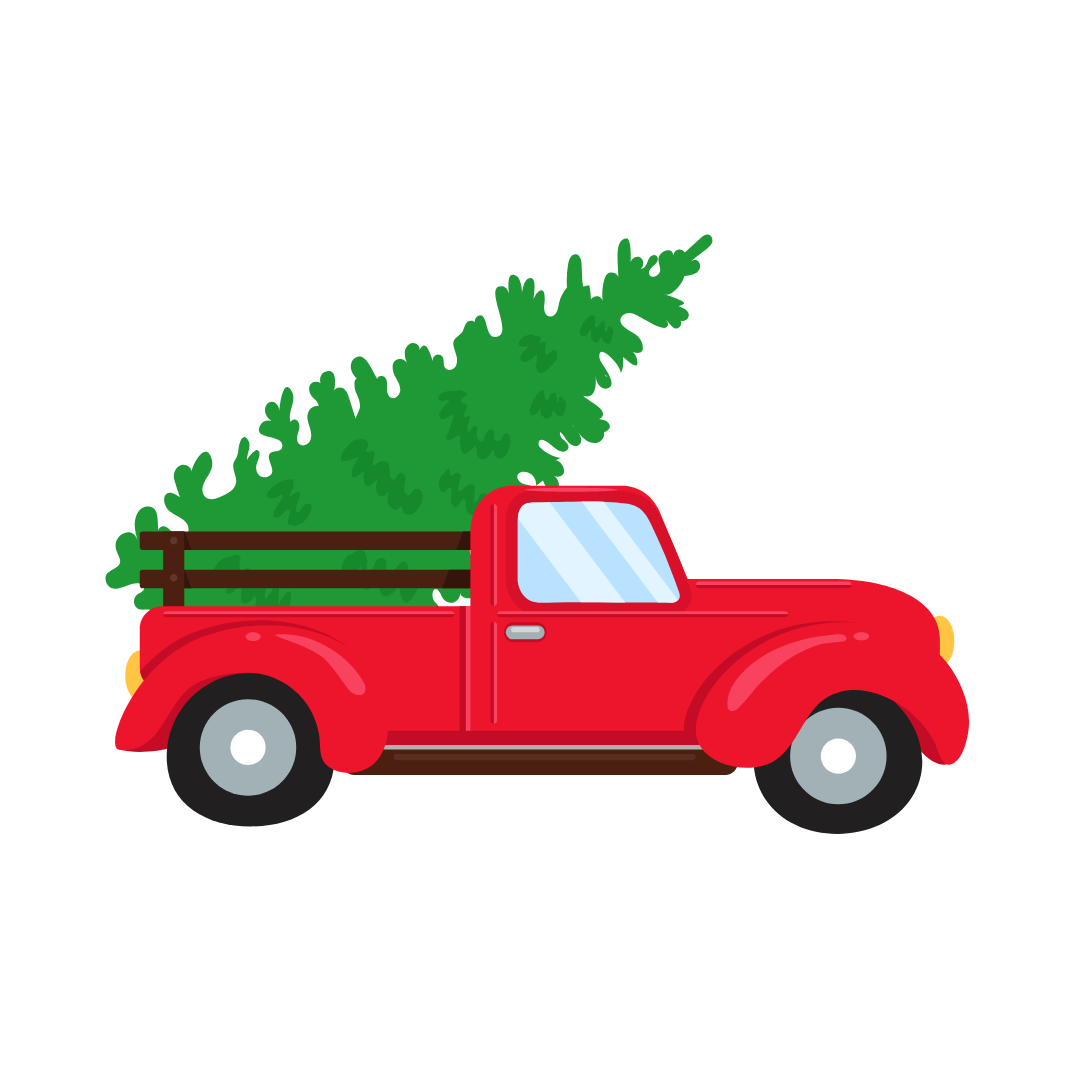 red pick up truck with a large green Christmas tree in the trunk