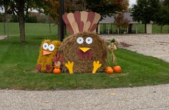 Decorated bales at a residence in Amaranth featuring a large turkey.