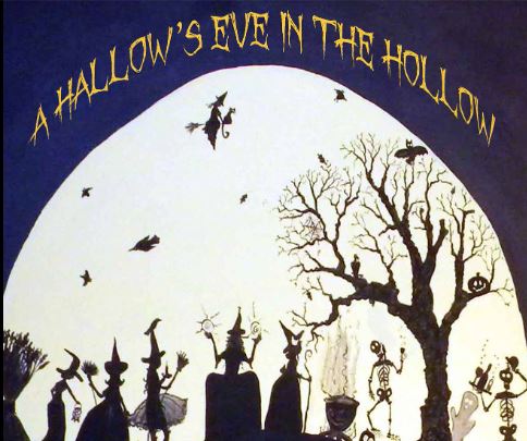 graphics of a Halloween night with witches and trees. Reads "a Hallow's eve in the Hallow"