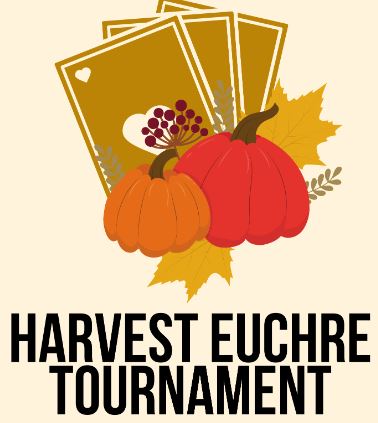 play cards with pumpkins in the front and image reads 'Harvest Euchre Tournament'